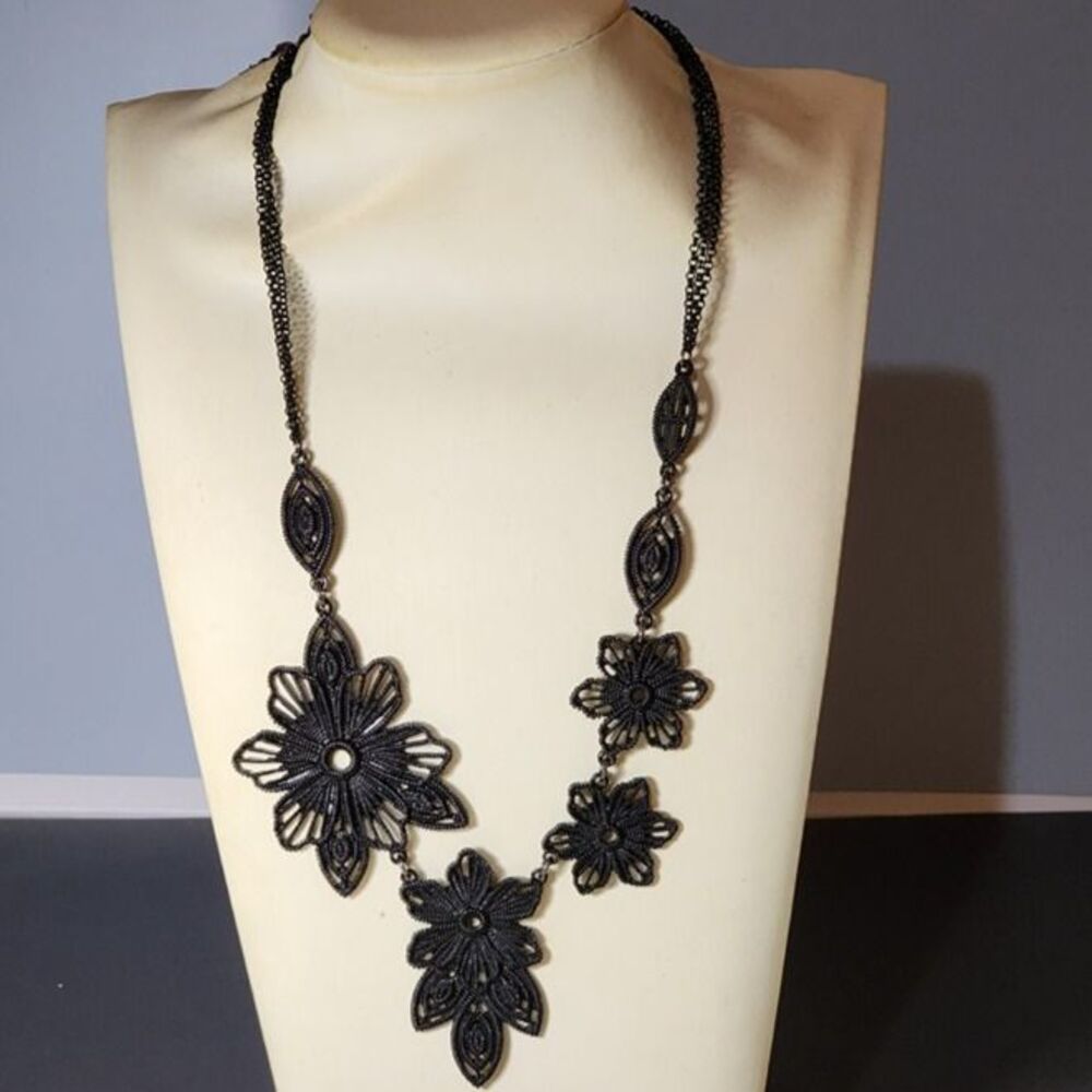 Bold Black Floral Filigree Statement Necklace Lace Look Goth Whimsigoth